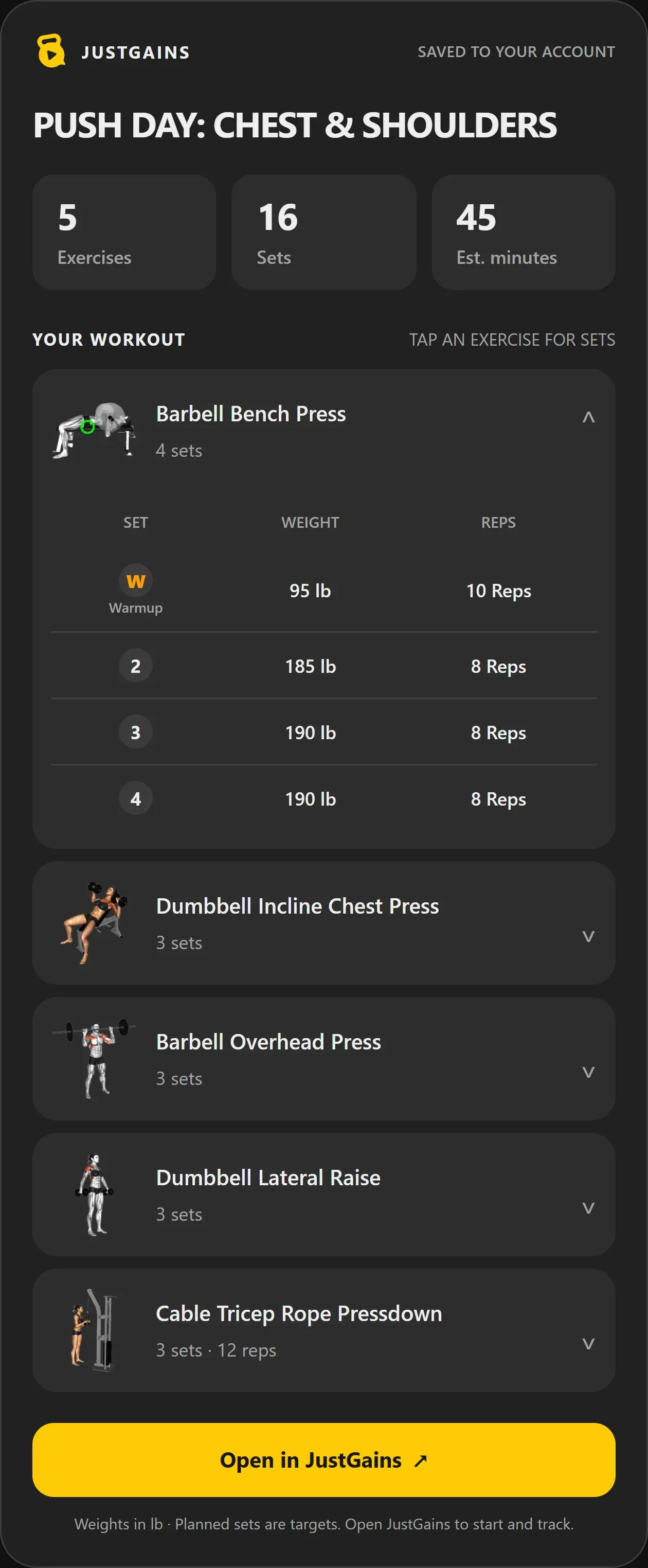 JustGains workout card in Muse: Push Day, Chest and Shoulders, 5 exercises, 16 sets, 45 minutes, starting with barbell bench press at 95, 185 and 190 lb